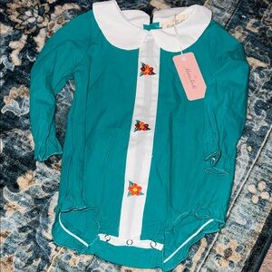 Teal Baby Peter Pan Collae Cotton Poplin Romper Floral Embroidery 12/18 NWT